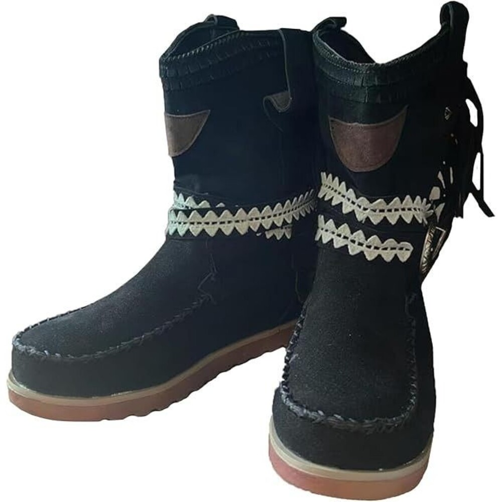 Black Suede Fringe Boots with White Trim